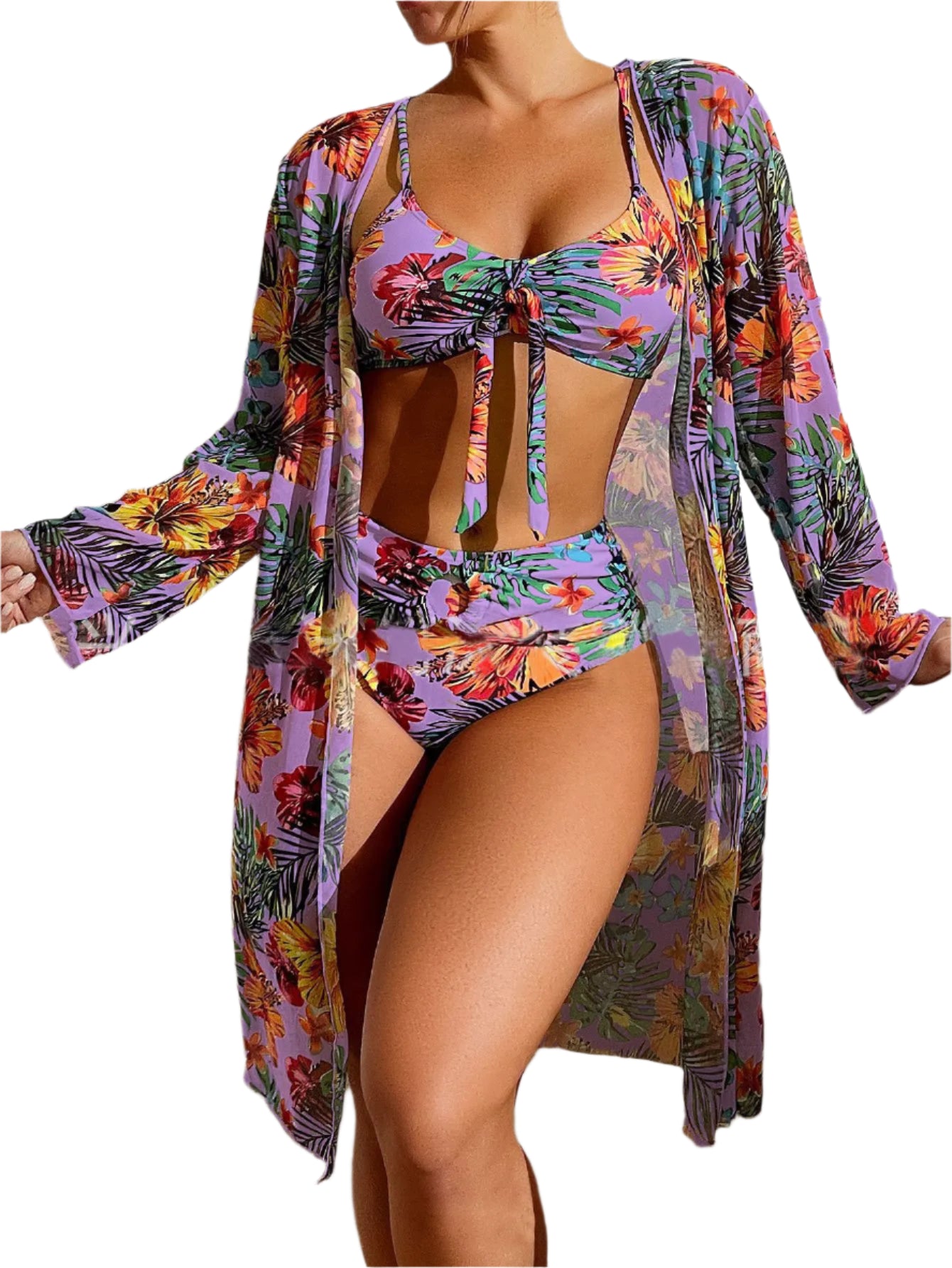 Women's 3PC Floral Swimsuit - LS Blouse, Wireless Bra & High Waist