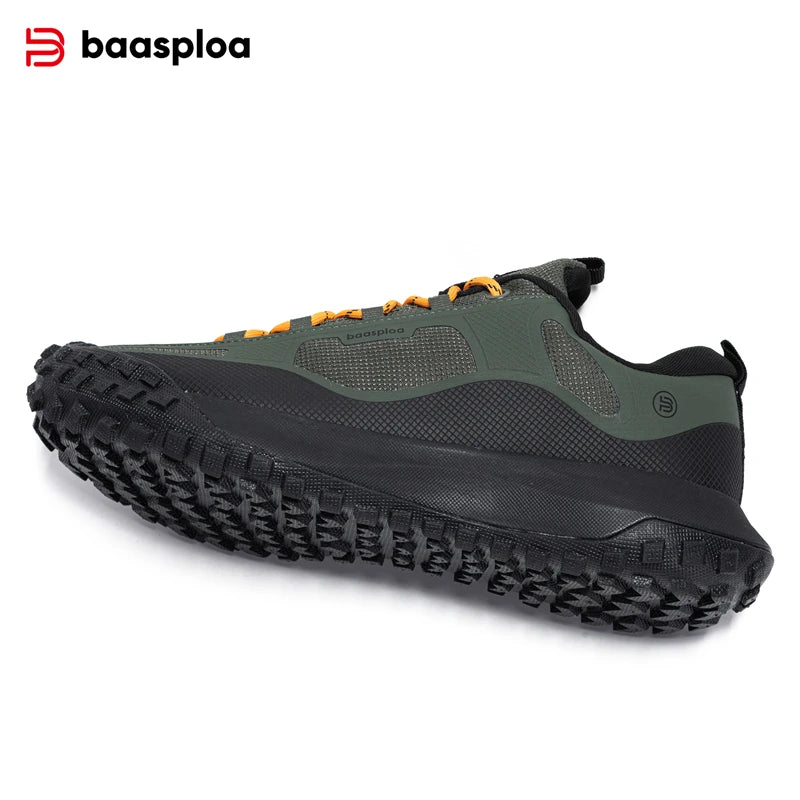 Green and black sneaker with orange accents on a white background, featuring the brand 'baasploa'.