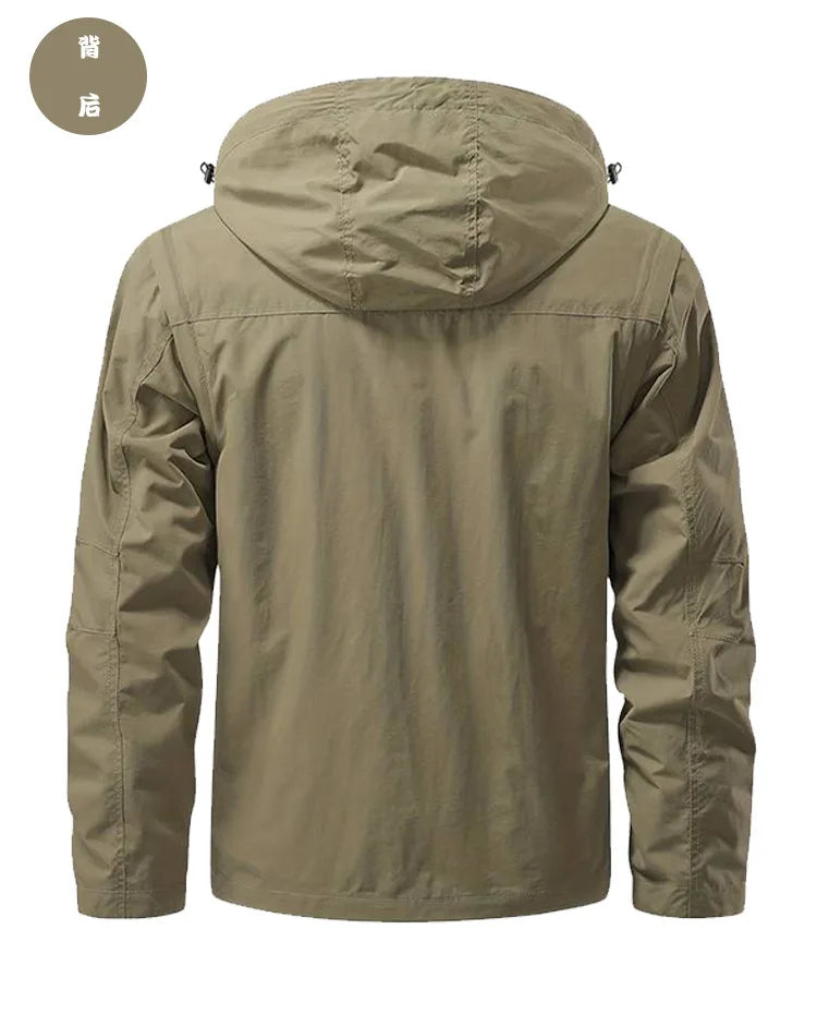 Khaki jacket with a hood on a white background