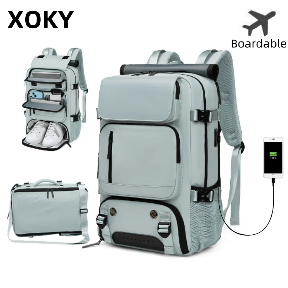 Large Travel Backpack: USB Charging, Waterproof, Shoe Compartment
