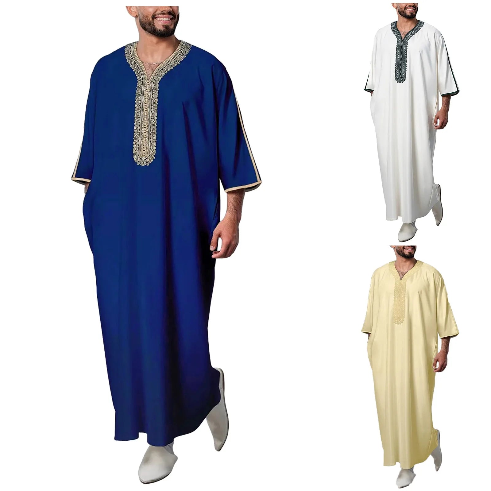 Three men wearing long, embroidered robes in blue, white, and beige on a white background.