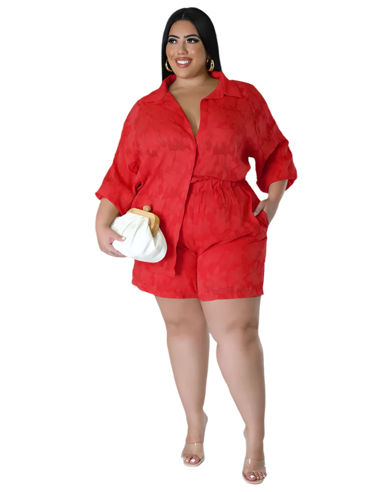 Plus Size Women's 2PC Set - Loose Shirt Top & Shorts Summer Outfits