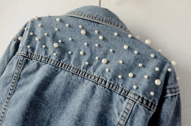 Beaded Washed Women's Turn-Down Collar Long-sleeved Lapel Denim Jacket
