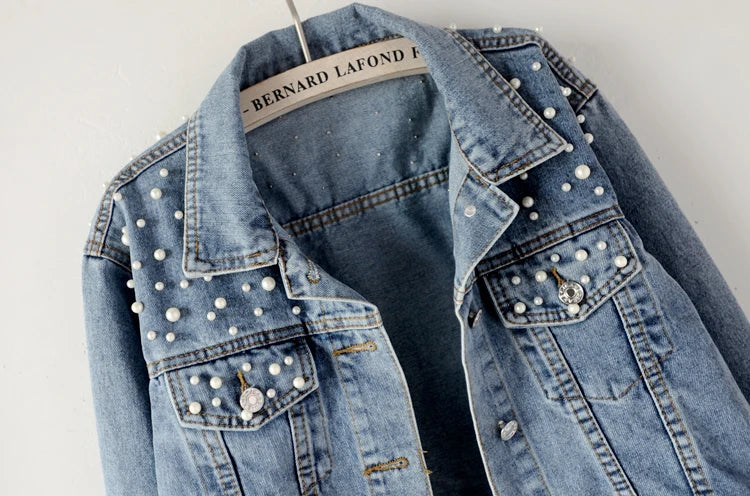 Beaded Washed Women's Turn-Down Collar Long-sleeved Lapel Denim Jacket