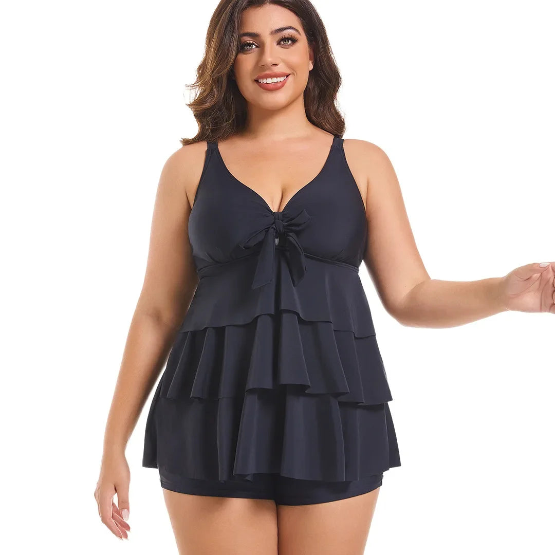 Plus Size Black Bikini Set - Conservative Skirt Style Swimsuit