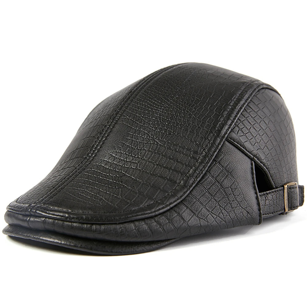 Adjustable-fit Real Leather Beret - Warm Sheepskin Flat Men's Cap