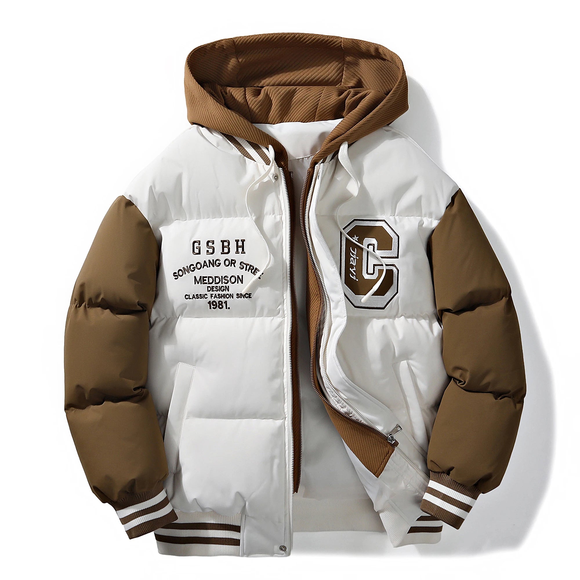 White and brown puffer jacket with branding on a white background