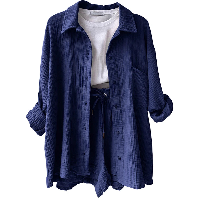 Women's Casual Shirt & Shorts Suit - Full Sleeve Spring/Summer Set