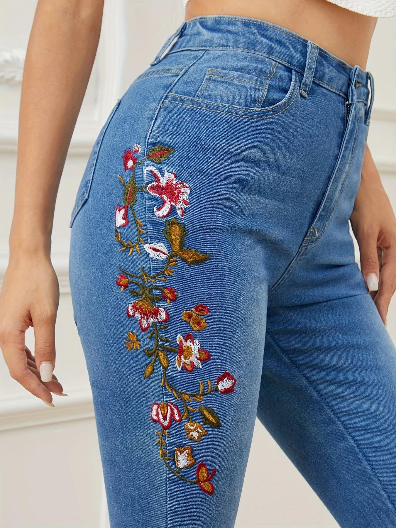 High Waist Embroidered Skinny Jeans | Stretch Denim Pencil Pants Women