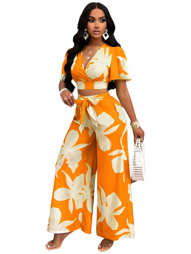Women’s Elegant Two-Piece Pleated Butterfly Sleeve Top & Wide-Leg Lace-Up Pants
