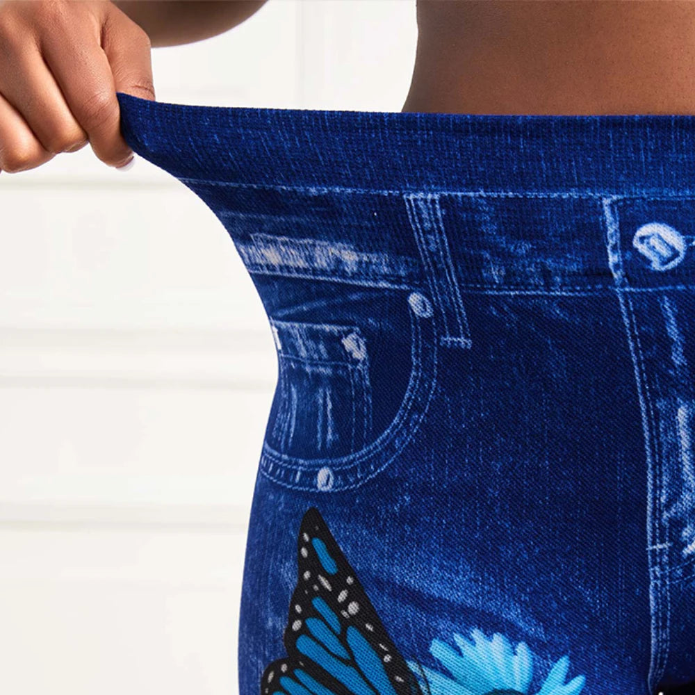 Plus Size High Waist Jeggings – Stretchy Denim-Look Print Leggings