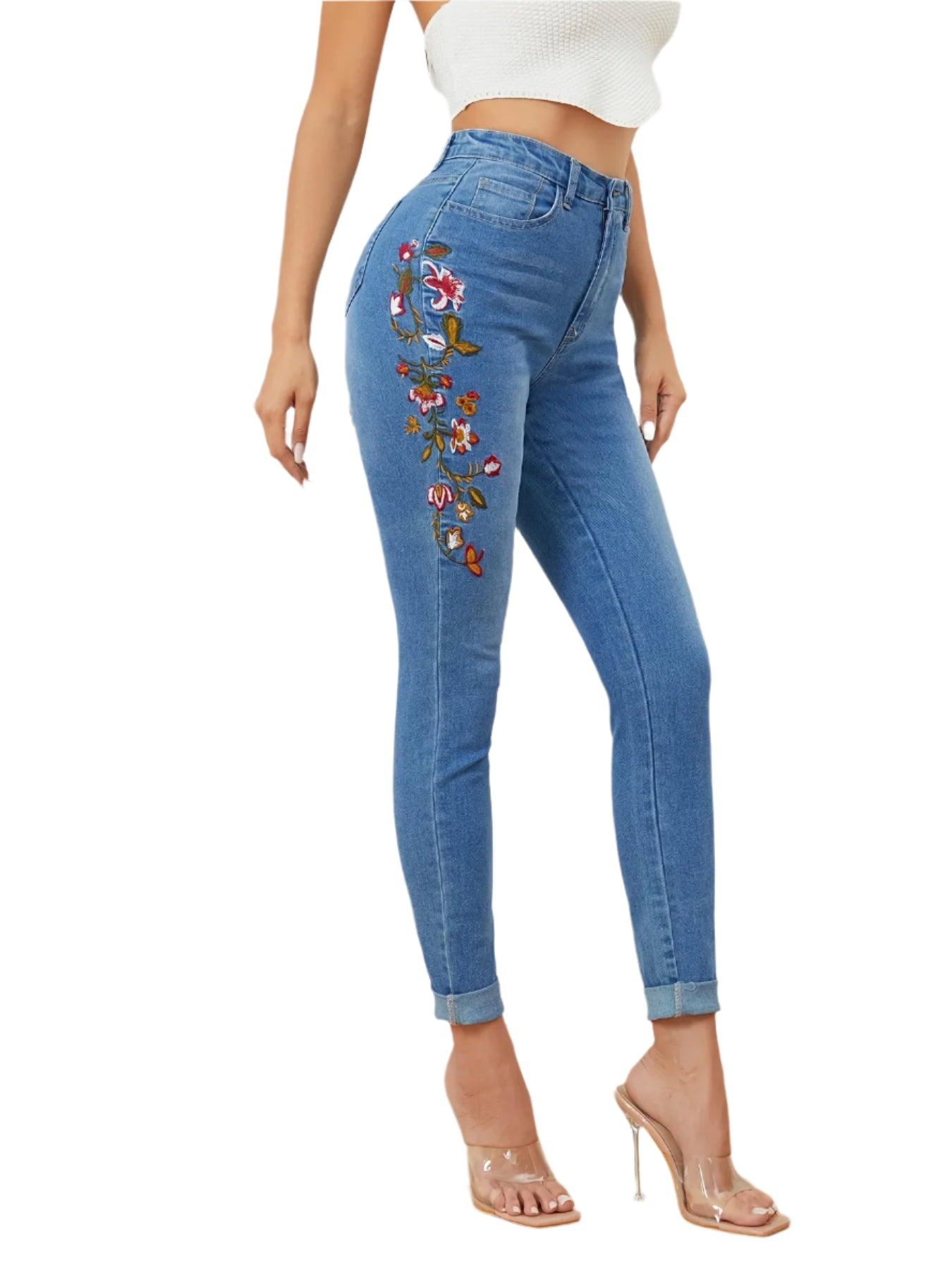 High Waist Embroidered Skinny Jeans | Stretch Denim Pencil Pants Women