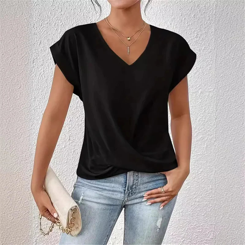 Fashion Pleated Hem V-Neck Tee – Women’s Summer Casual Office Top
