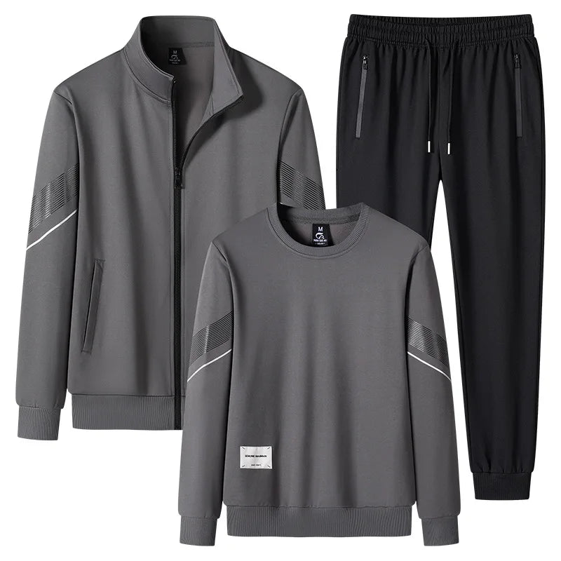 Gray tracksuit with jacket, sweatshirt, and pants on a white background
