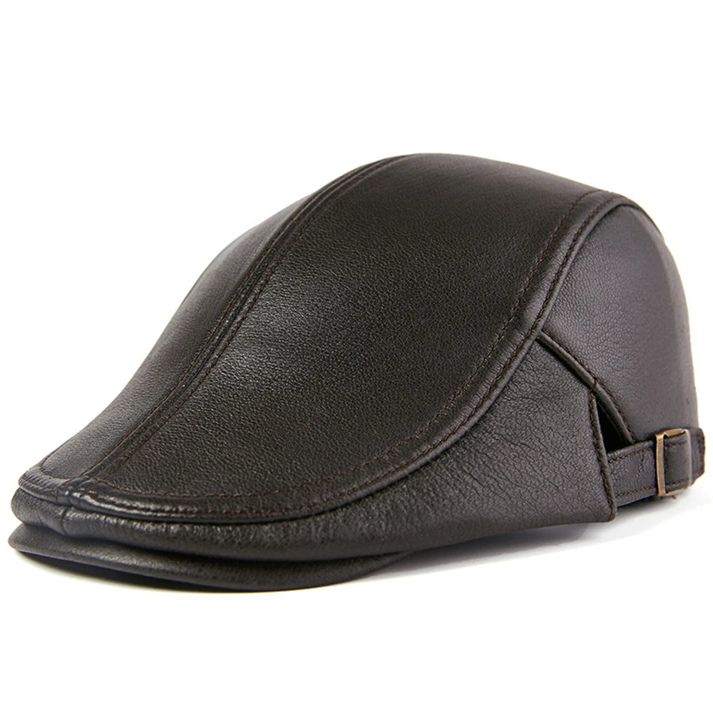 Adjustable-fit Real Leather Beret - Warm Sheepskin Flat Men's Cap
