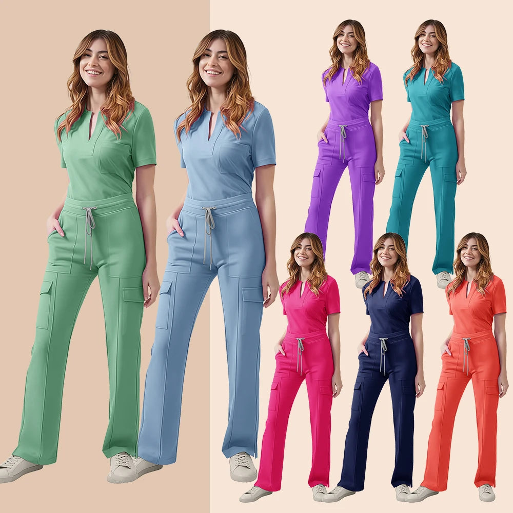 Women's Medical Scrubs Uniform Set - Pocket Top & Pants for Work