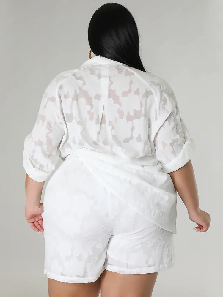Plus Size Women's 2PC Set - Loose Shirt Top & Shorts Summer Outfits