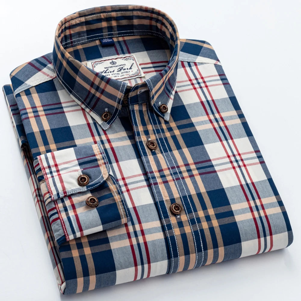 Men's England Style Plaid Shirt: 100% Cotton Checkered Button-Down