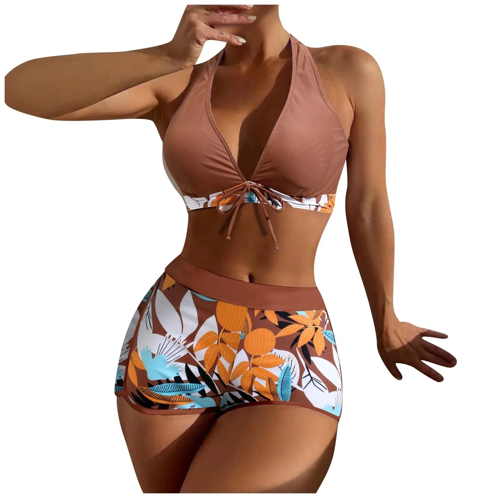High Waist Plant Print Bikini Set – 2-Piece Swimwear for Women