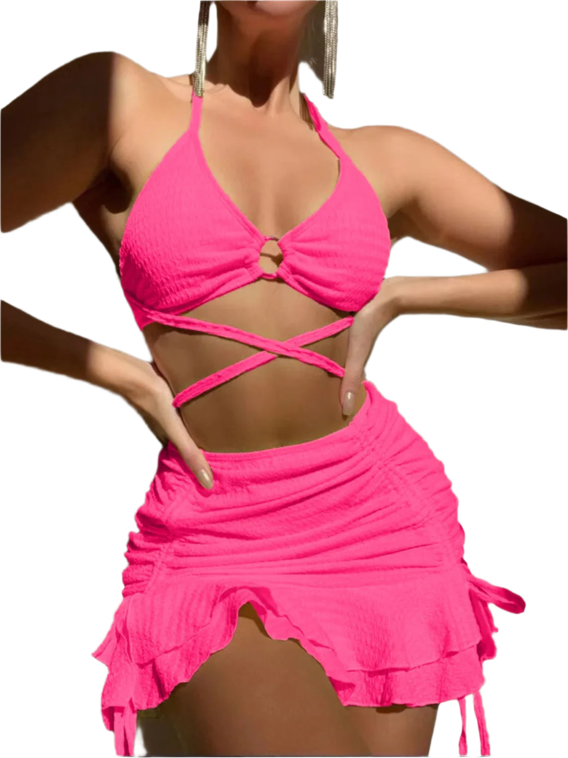 3PC Halter Ring Linked Criss Cross Swimsuit