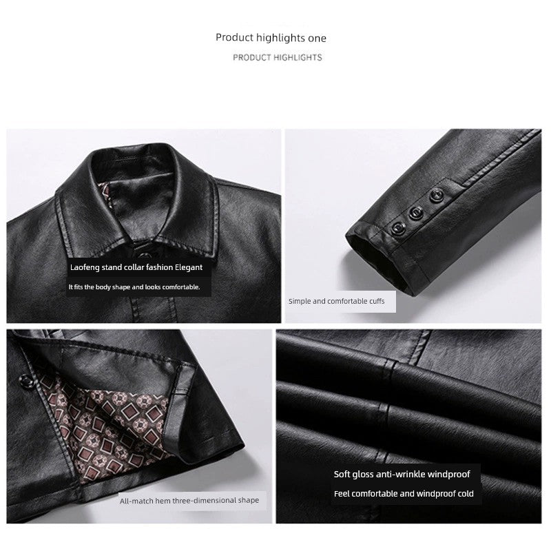 Korean Fashion Men's Warm Lapel Leather Jacket - Solid Color