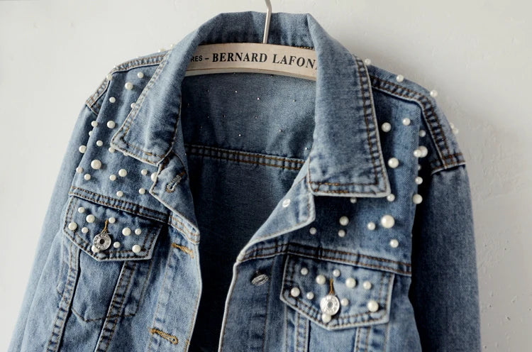 Beaded Washed Women's Turn-Down Collar Long-sleeved Lapel Denim Jacket