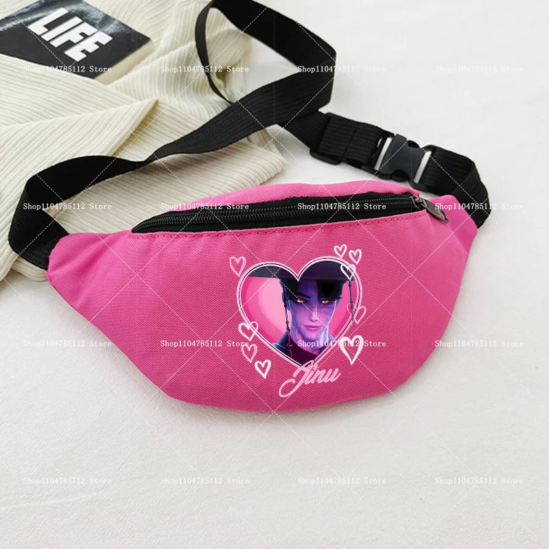 Pink waist bag with a graphic design on a light background