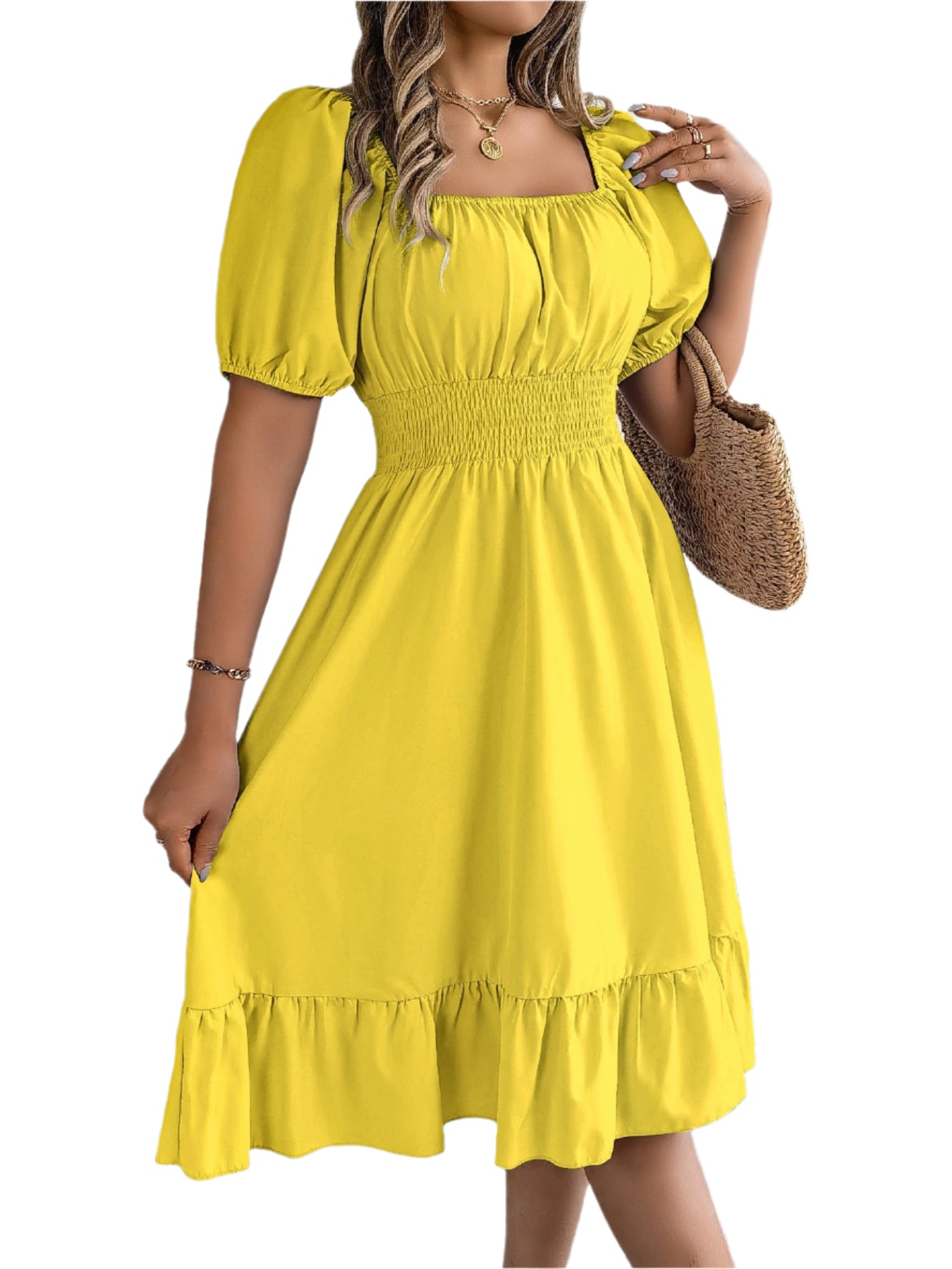 Elegant Square Neck Ruffled Dress – Spring Summer High Waist