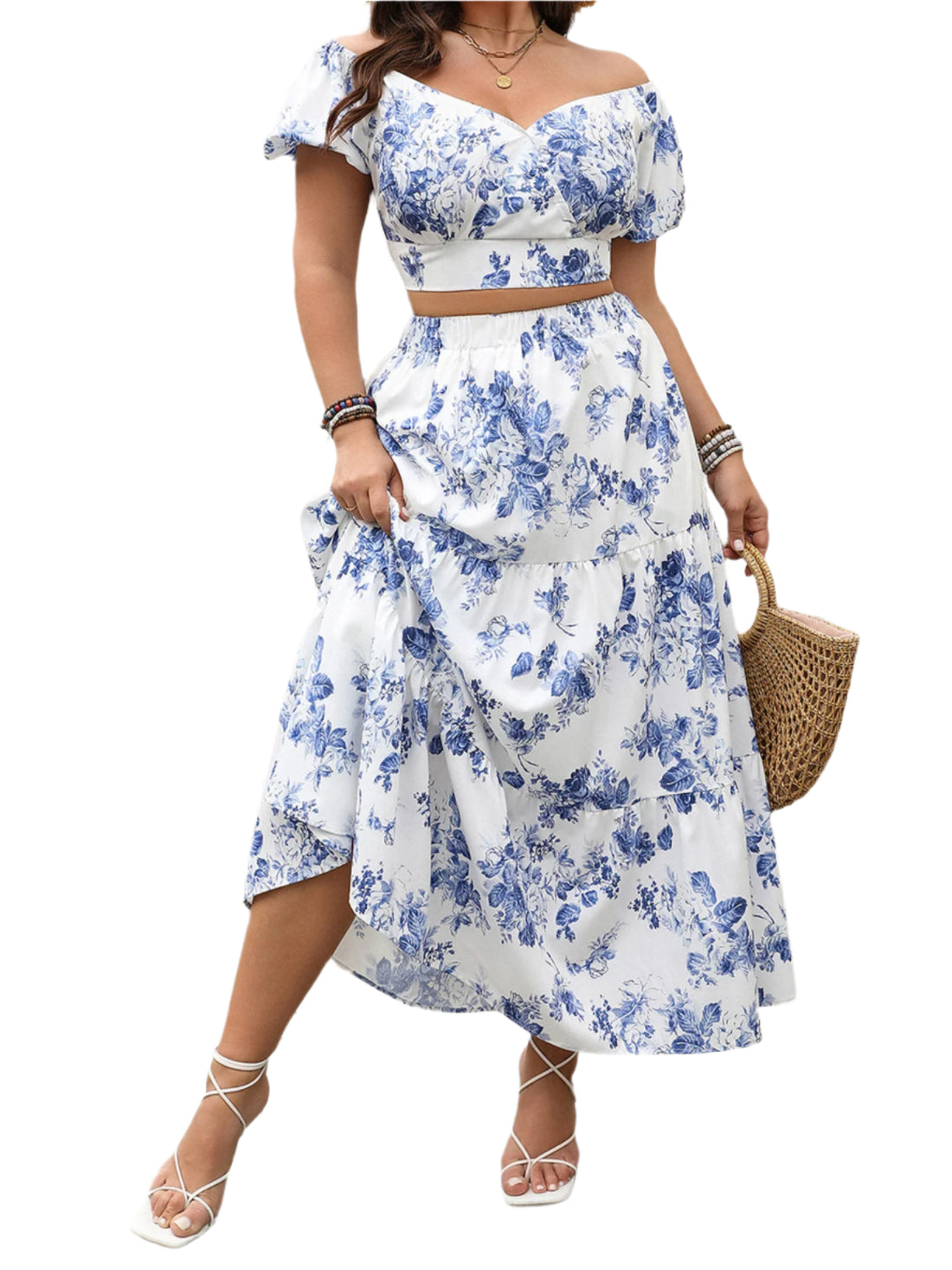 Plus Size Outfit: Elegant Floral Print Top & Long Skirt Set