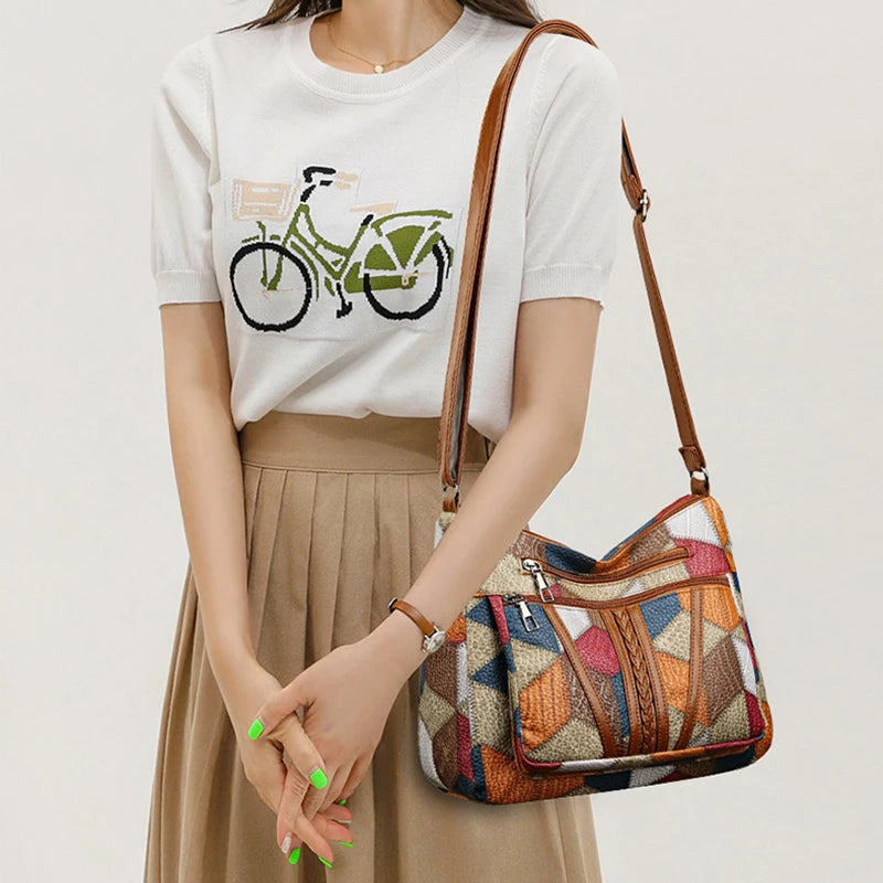 Women's Elegant Vintage Crossbody Bag: Trendy Patchwork Handbag