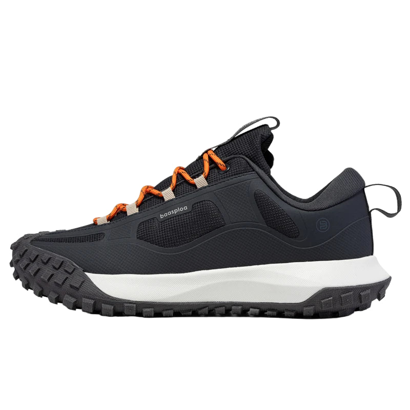 Black and orange hiking shoe with 'baasploa' branding on a white background