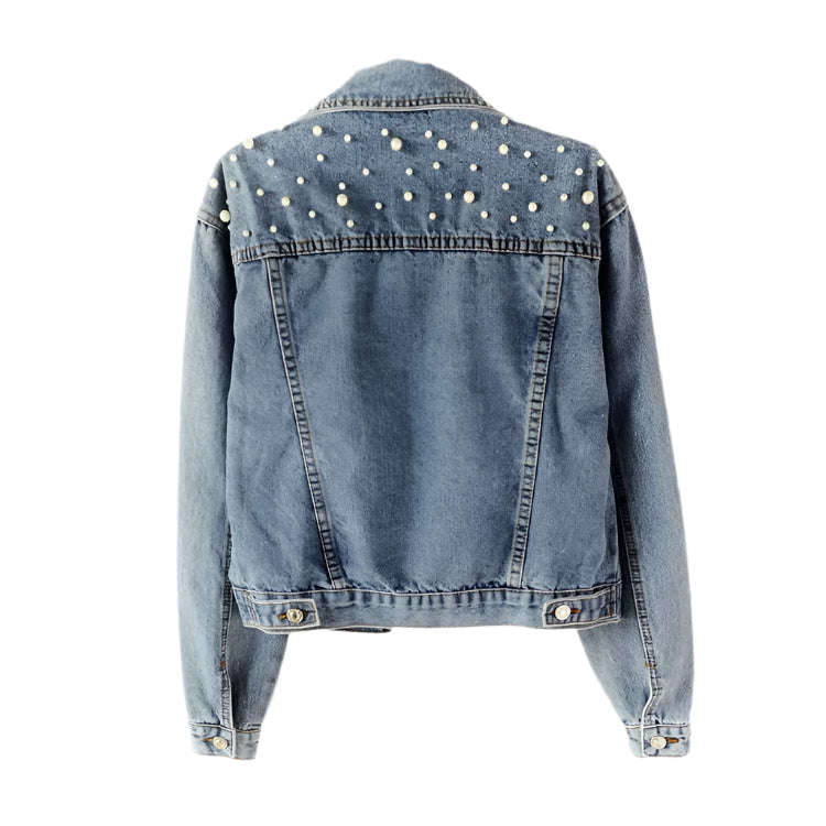 Beaded Washed Women's Turn-Down Collar Long-sleeved Lapel Denim Jacket