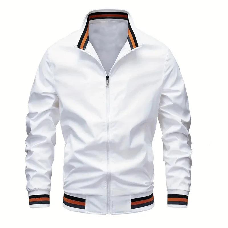 White jacket with black and orange accents on a white background