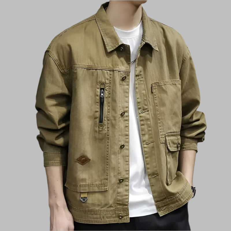Men’s Retro Zippered Denim Jacket – Classic Workwear with a Modern Edge