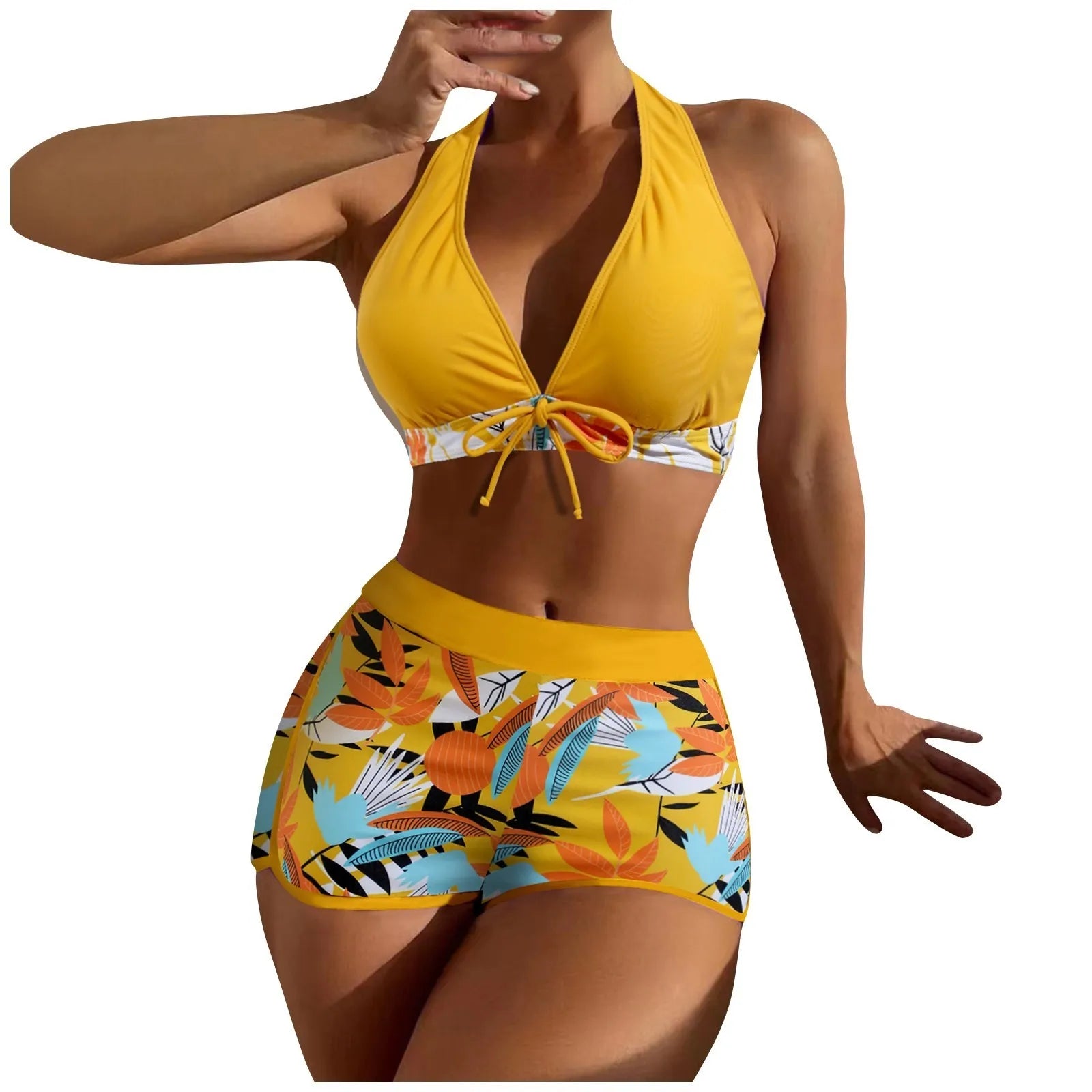 High Waist Plant Print Bikini Set – 2-Piece Swimwear for Women