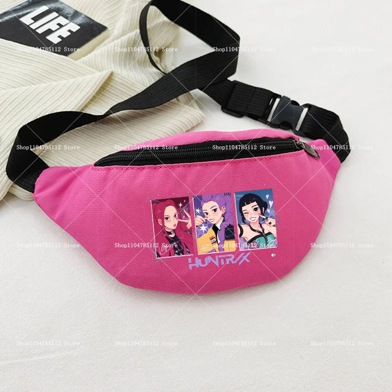 Pink waist bag with cartoon character design on a light gray background