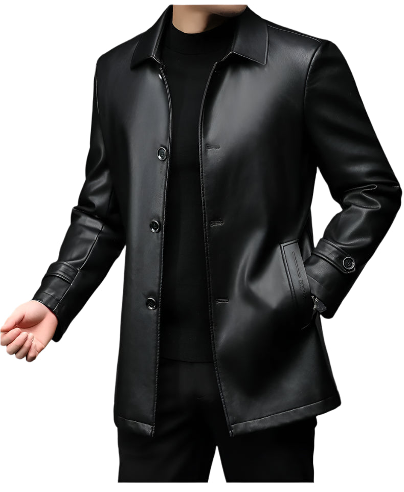 Classic Black Long Leather Jacket: Men's Warm Faux Fur Coat