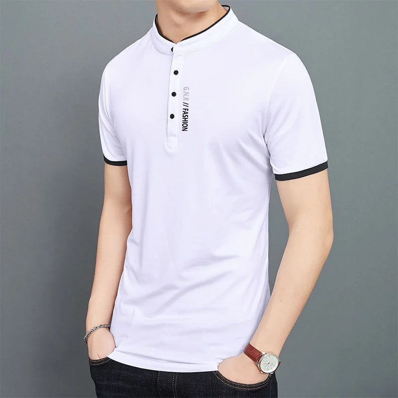 Men’s Stand-Up Collar Solid Color T-Shirt – Breathable Summer Casual Top
