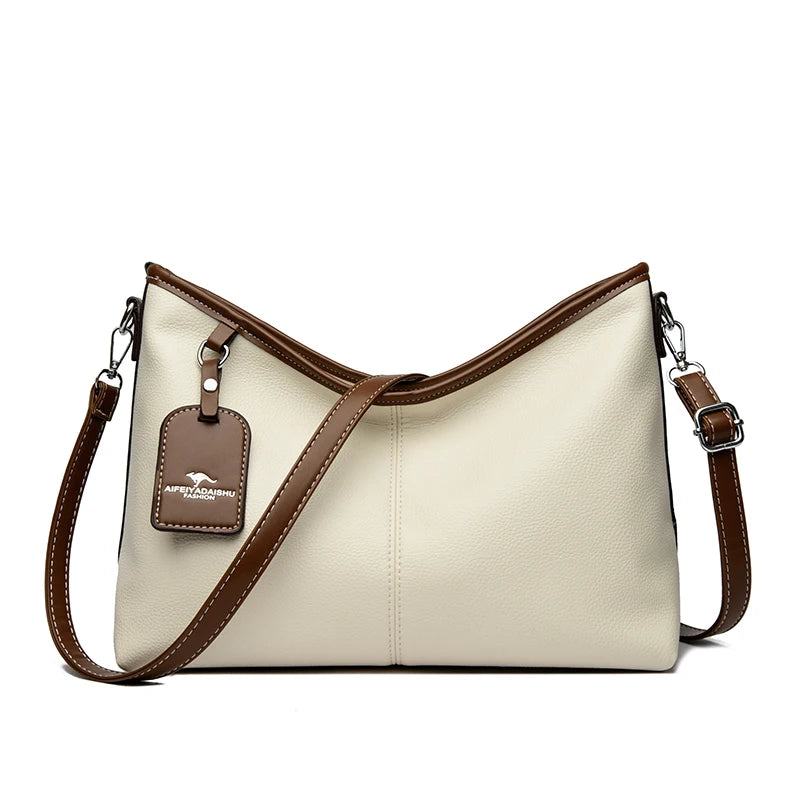 Soft PU Leather Shoulder Bag - Color Contrast Crossbody Tote for Women