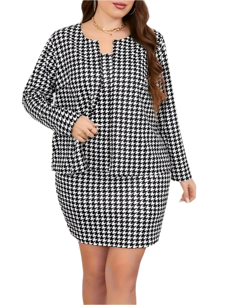 Plus Size Houndstooth 2PC Set: Open Coat & Cami Dress Suit