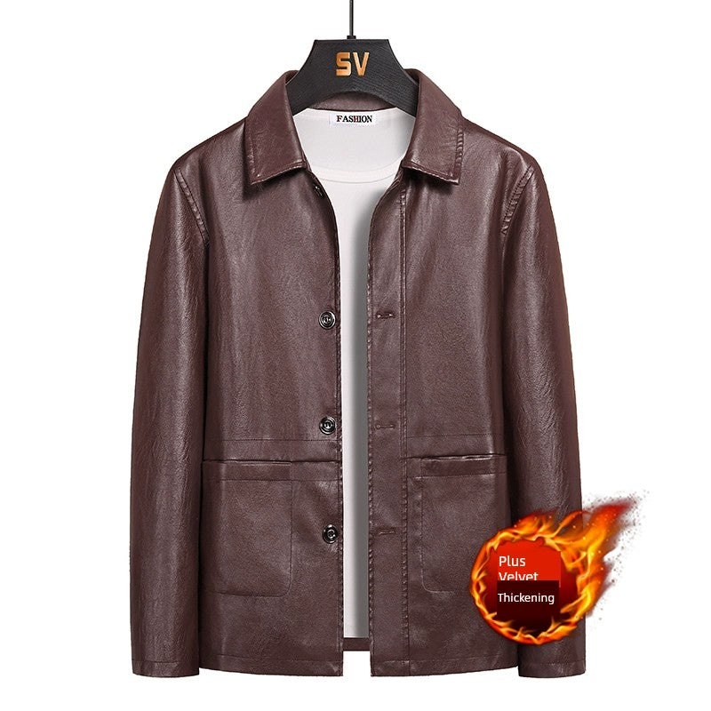 Korean Fashion Men's Warm Lapel Leather Jacket - Solid Color