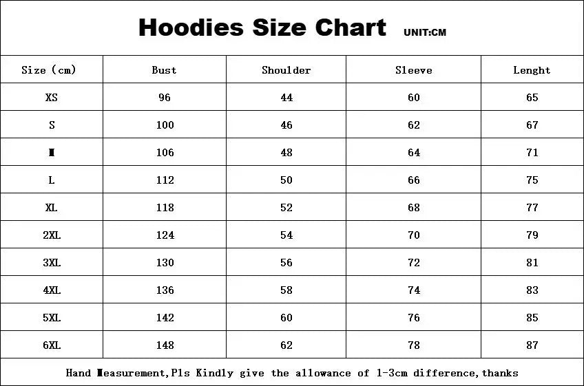 Hoodies size chart with measurements in centimeters
