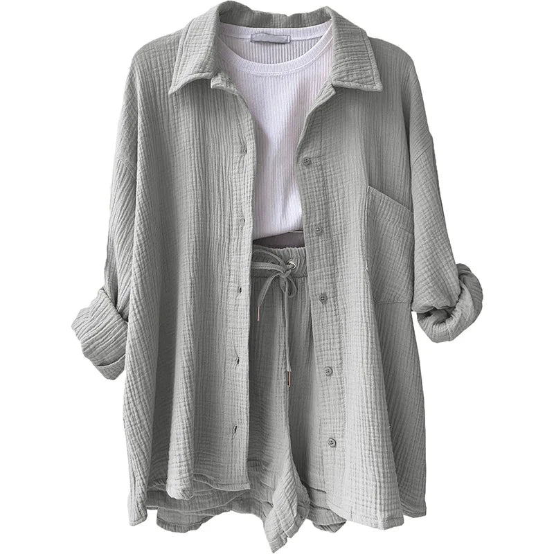 Women's Casual Shirt & Shorts Suit - Full Sleeve Spring/Summer Set