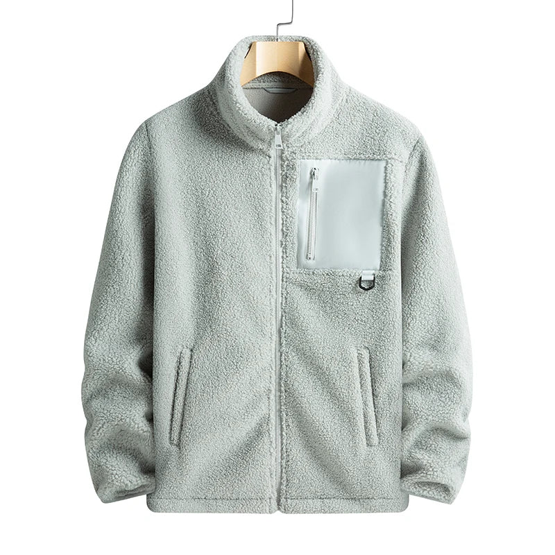 Light gray fleece jacket with a front pocket on a white background