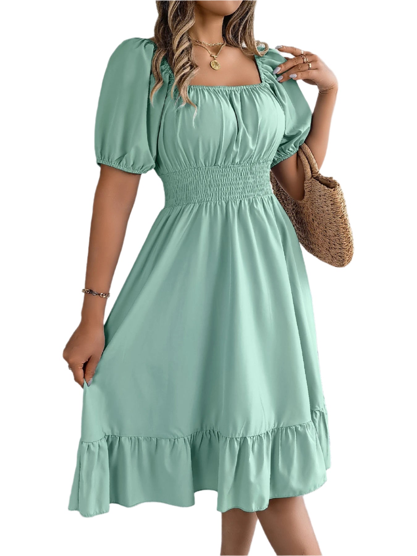 Elegant Square Neck Ruffled Dress – Spring Summer High Waist