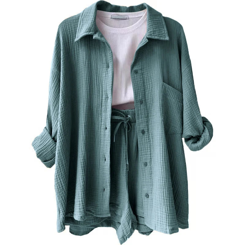 Women's Casual Shirt & Shorts Suit - Full Sleeve Spring/Summer Set