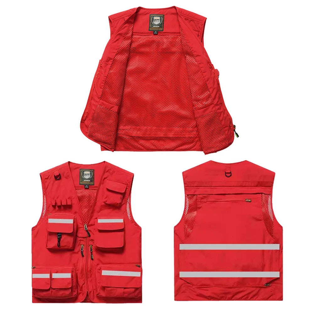 Red safety vest shown from multiple angles on a white background