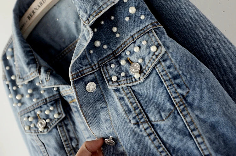 Beaded Washed Women's Turn-Down Collar Long-sleeved Lapel Denim Jacket
