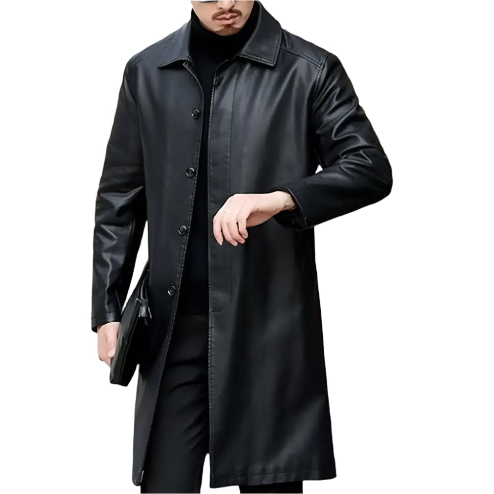 Men's Long Faux Leather Jacket: Fleece Lined, Removable Fur Collar