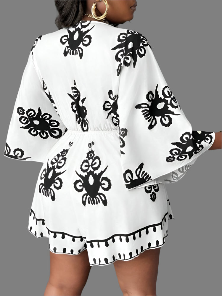 Plus Size Printed Jumpsuit - Loose Sexy Deep V Neck Summer Holiday